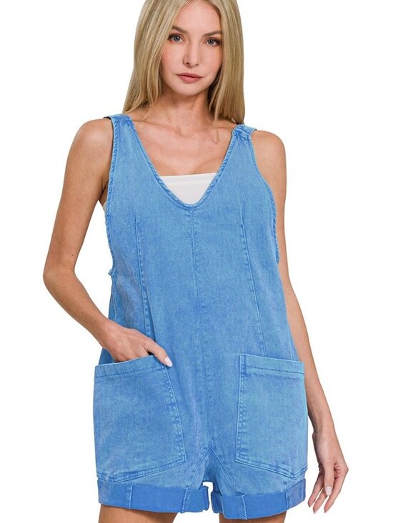 Zenana Pants - Washed Adjustable Strap Romper Denim With Pocket